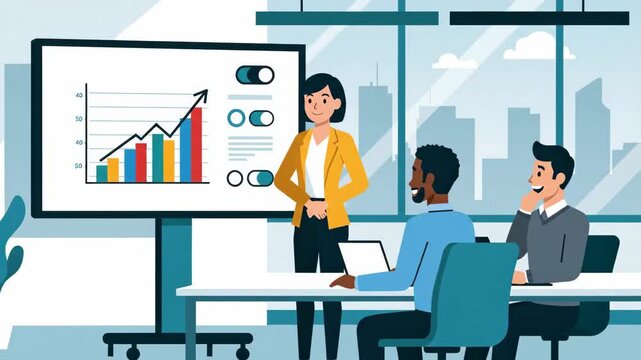 Business presentation in modern office with diverse team analyzing growth charts and company performance featuring corporate woman explaining strategy