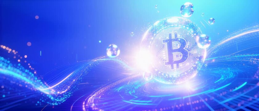 Glowing Bitcoin Symbol in Digital Space with Futuristic Blue Waves and Technological Circuits Representing Cryptocurrency and Blockchain Technology
