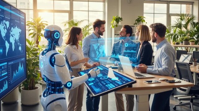 Humanoid robot and business team analyzing holographic data in a futuristic office. AI and human collaboration concept. Innovation and technology