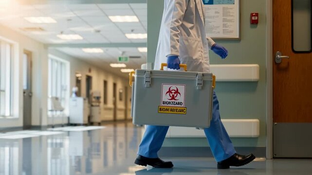 Medical professional carrying a biohazard transport container in a hospital corridor. Healthcare worker transporting hazardous materials. Clinical safety and logistics concept
