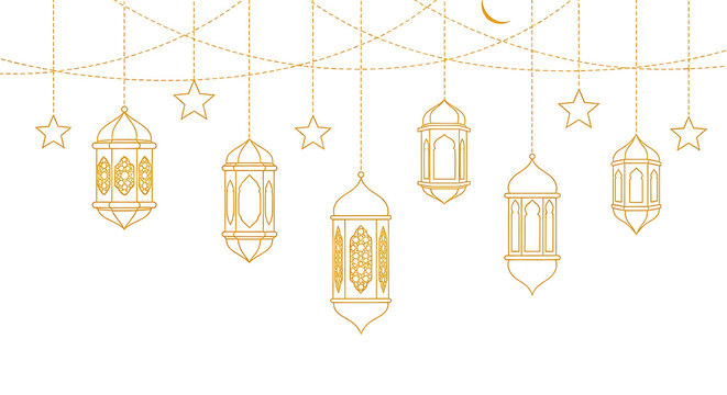 Set of five golden hanging lanterns with intricate designs isolated on transparent background