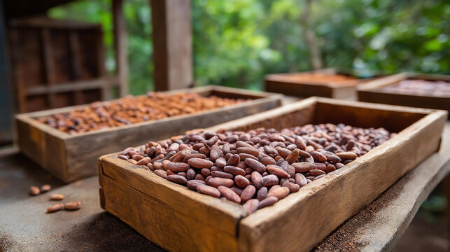 Fresh cacao beans fermentation process in wooden container, chocolate production with controlled bean decomposition stage, agricultural product transformation with traditional