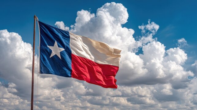 Texas flag waving in the wind against a backdrop of clouds during daylight in a clear sky