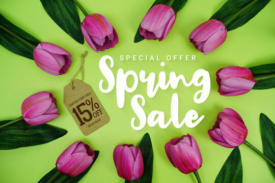 Hello Spring Sale and Price tag 15% off  with tulip flowers on green background