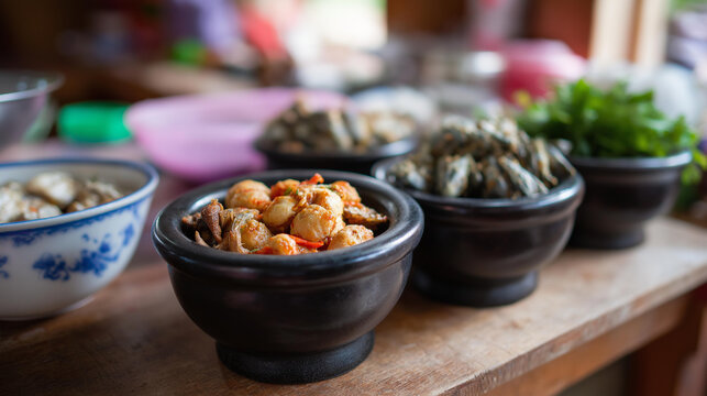 Traditional fermented fish product in different fermentation stages, local market with authentic cultural cuisine display, traditional food culture with heritage preservation