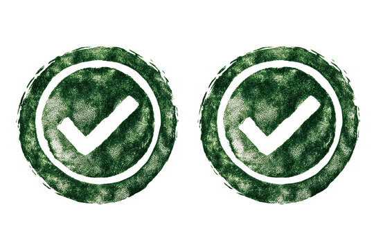 Two green circular approval seals arranged side by side, each with a checkmark and ring border, stamp style ink texture with subtle distressing for certification icons isolated on transparent backgrou