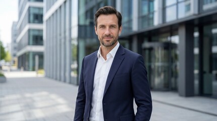 Fototapeta premium Confident businessman standing outside modern corporate office building, professional success, leadership mindset, business ambition, and corporate lifestyle concept