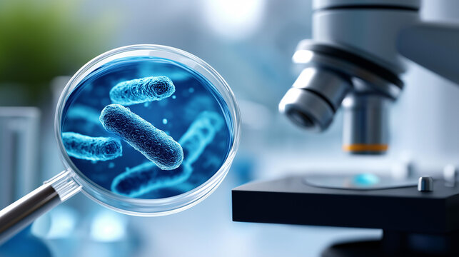 Probiotics lactic acid bacteria visualization display, beneficial bacteria and microorganisms for health representation, microscopic view of probiotic cultures and organisms,