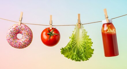 Pink frosted donut tomato lettuce and ketchup bottle on clothesline