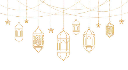 Set of golden hanging lanterns and stars in various elegant designs isolated on transparent background © Uhartist35