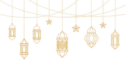 Set of five golden hanging lanterns with intricate designs and decorative stars isolated on transparent background