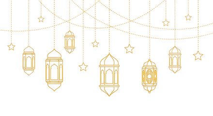 Set of six golden lanterns with intricate patterns hanging isolated on transparent background