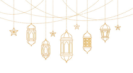 Set of five golden lanterns with intricate designs hanging isolated on transparent background