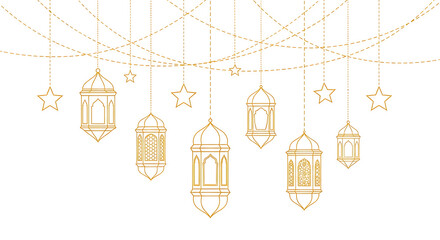 Set of five golden hanging lanterns with intricate designs isolated on transparent background