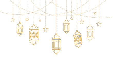 Golden lanterns and stars hanging decorations set isolated on transparent background