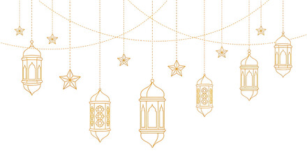 Set of elegant gold lanterns and hanging lights with floral designs isolated on transparent background