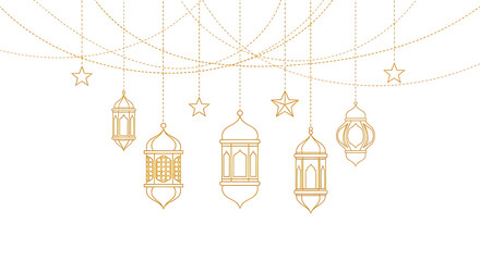 Set of four golden hanging lanterns with intricate patterns and stars isolated on transparent background