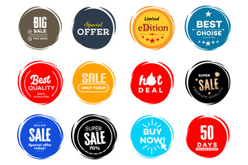 Fototapeta premium Collection of colorful, round sale and promotion badges. Includes 50, 70, and 100 percent discounts, special offers, and quality guarantees for retail.