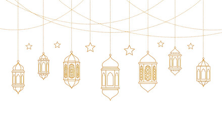Set of six golden hanging lanterns with intricate patterns and lights isolated on transparent background