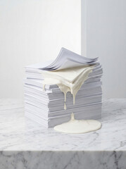 Absurd surreal metaphor of a stack of white office papers melting like ice cream on a marble table