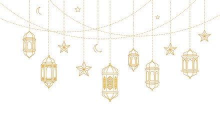 Set of golden Islamic geometric lanterns and mosque elements vector design isolated on transparent background