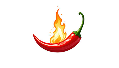 A vibrant, glossy red chili pepper with a green stem and flames bursting from it, set against black