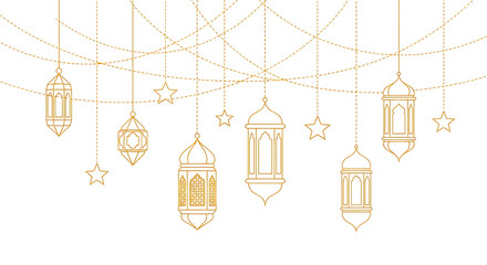 Set of golden lanterns and stars hanging decorations isolated on transparent background