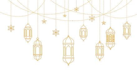 Set of golden hanging lanterns and lights with intricate designs isolated on transparent background