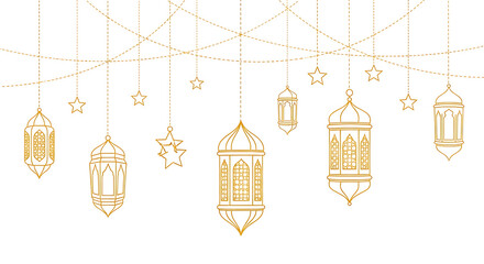 Set of six golden hanging lanterns with intricate patterns isolated on transparent background