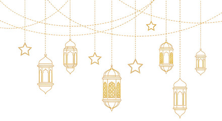 Set of golden lanterns and stars hanging decorations isolated on transparent background