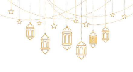 Set of golden hanging lanterns with stars and tassels decorative elements isolated on transparent background