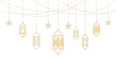 Set of golden hanging lanterns and decorations for festivals isolated on transparent background