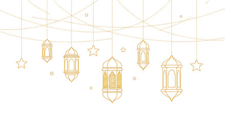 Set of golden hanging lanterns and stars decorations isolated on transparent background