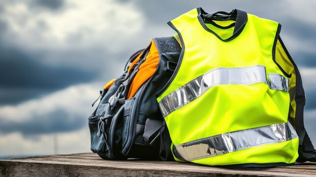 A bright neon yellow reflective safety vest rests beside a gray and orange backpack outdoors on a wooden surface with a cloudy sky in the background
