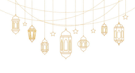 Set of six golden hanging lanterns with intricate patterns isolated on transparent background