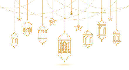 Set of golden hanging lanterns and decorative elements with intricate patterns isolated on transparent background