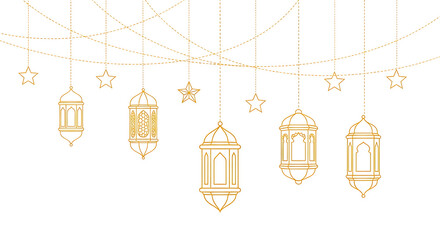 Set of golden lanterns and new year signs hanging isolated on transparent background