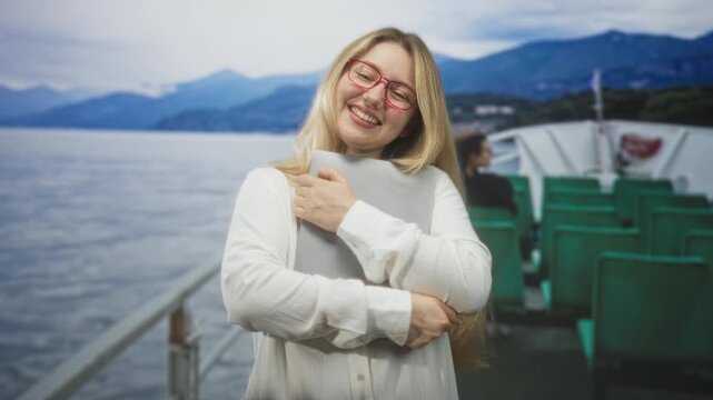 Woman hugging laptop on ferry deck street, smiling with red glasses and bare hands holding computer close; travel joy.