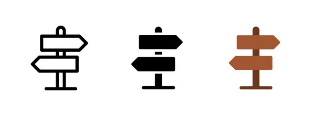 Direction signpost icon set in outline, solid and flat styles. Road signs with arrows pointing different ways for navigation, travel, guidance, choice and decision concepts. © MALAI Studio
