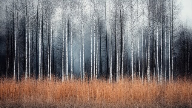 A drought stricken forest of tall slender birch trees with brittle dead vegetation and golden grass in muted light
