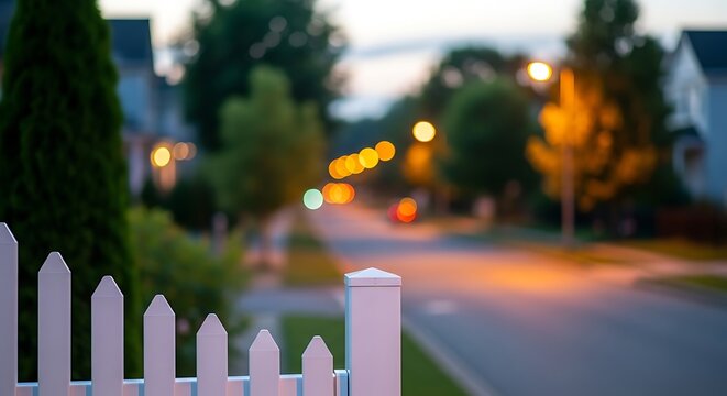 Suburban residential street at dusk with white picket fence and soft bokeh lights background