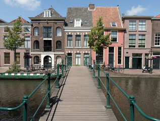 Historical houses and bridge in Leiden, The Netherlands