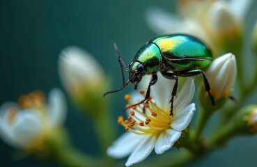 Fototapeta premium Shiny green crawls on white flower petals. Insect body gleams with iridescent colors. Small bug rests on blooming plant in garden. Macro photo shows natural detail.