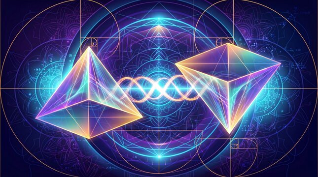 A vibrant digital artwork featuring two glowing crystal pyramids connected by a spiral energy field on a mesmerizing geometric background.