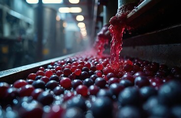 Naklejka premium Grapes are crushed for winemaking process. Red juice pours onto conveyor belt with ripe berries. Modern technology used in winery production. Fruit liquid streams from machinery.