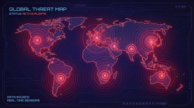 A futuristic global threat map displaying active alerts and real-time sensor data on a dark background