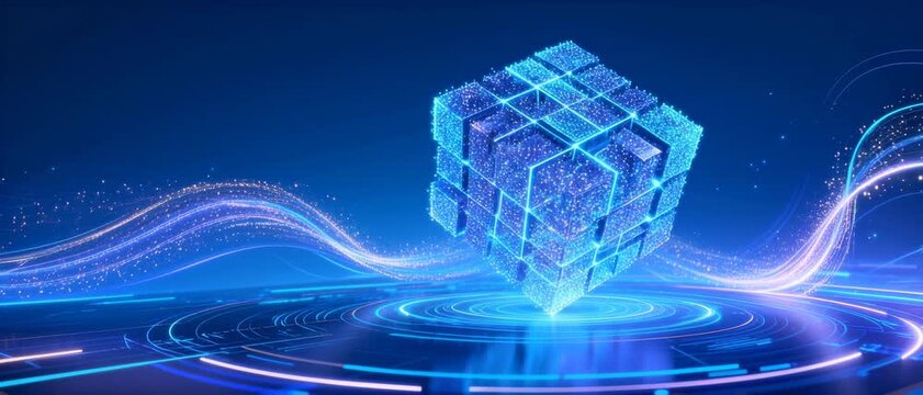 Glowing Blue Digital Cube Hovering Over Futuristic Tech Landscape With Light Trails And Circuit Patterns