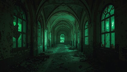Obraz premium Interior view of an abandoned building featuring a long corridor with high arched ceilings and large arched windows