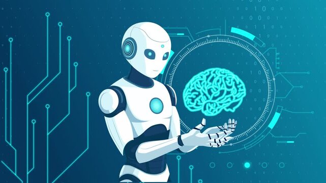 2d Animated AI robot with moving arms. Robotics. Isolated 2D cartoon AI android character in a flat color style, filmed in 4K resolution for web design. Chatbot. AI brain.