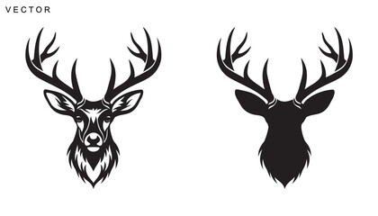 Deer head and antlers logo silhouette vector art illustration on a white background